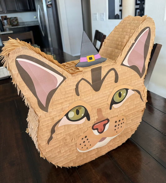 Tabby Kitty Cat, Light Brown *with Halloween Hat Accessory | 17” Piñata | Birthday Party Pinata