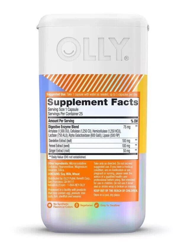 OLLY Beat The Bloat Capsules, Digestive Support Enzymes, Supplement - 25 Count