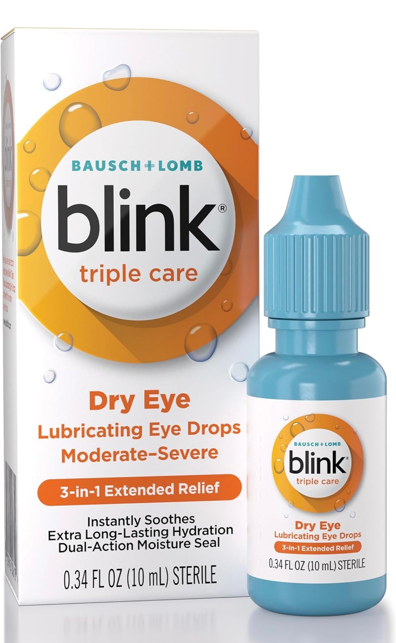 Blink Eye Drops for Dry Eyes, Triple Care Lubricant Eye Drops, Instantly Soothing, Moisturizing & Extra Long-Lasting Hydrating Eye Care for Moderate to Severe Dry Eye Symptom Relief, 0.34 fl oz